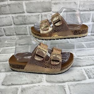 Wanted Bedsty Women's Size 9 Rose Gold Soft Footbed Two Strap Buckle Sandals